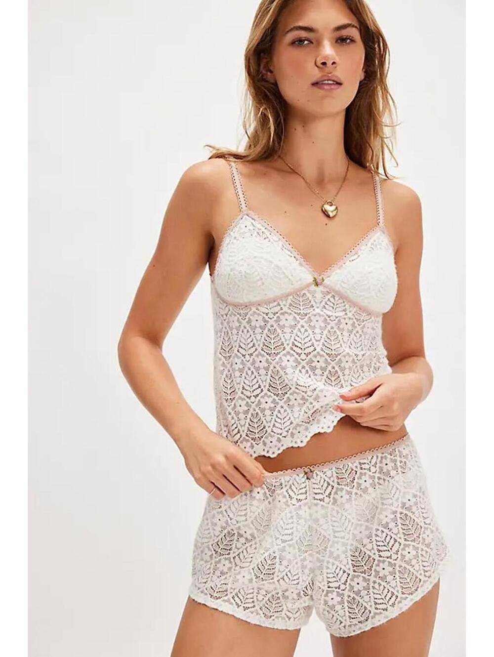 Free People Cassia Lace Camisole Crop Tank Top White Rosette Coquette XS
